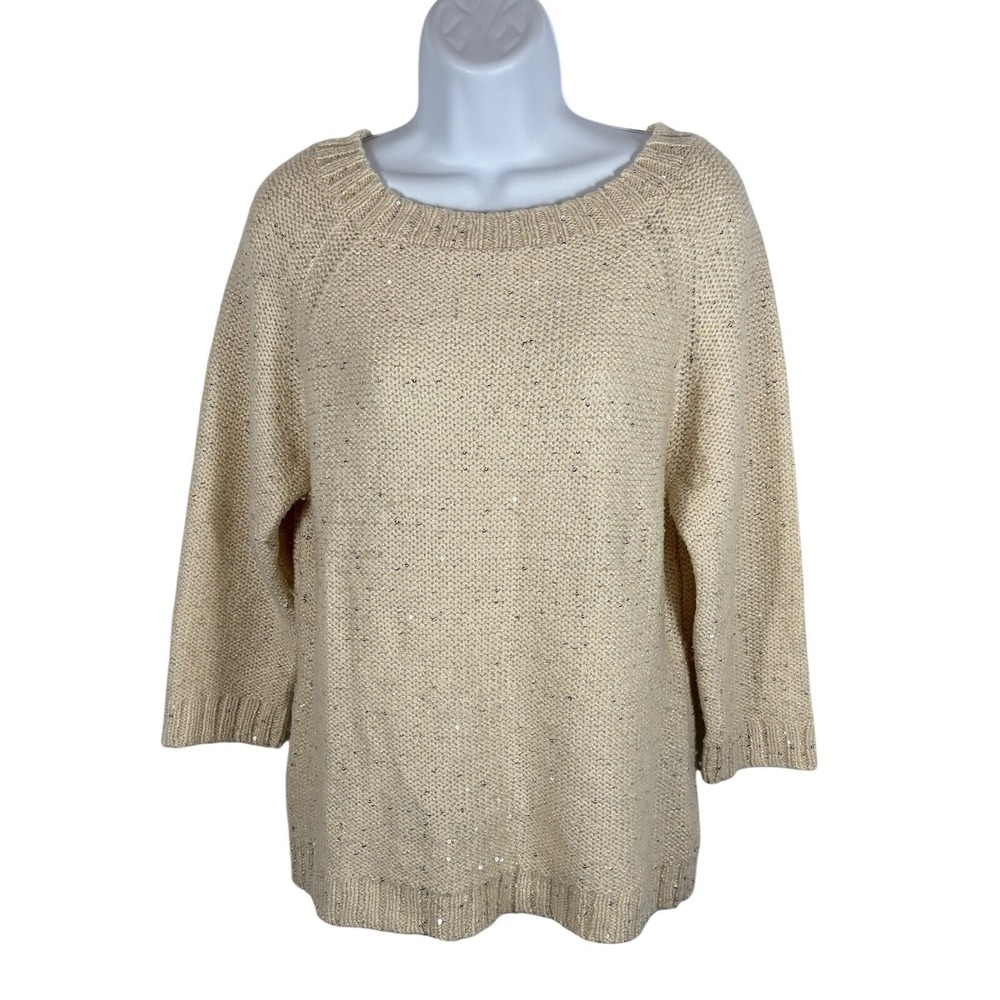 Talbots Wool Blend Sequin Sweater Cozy Women's Large Petite Ivory/Cream - 390